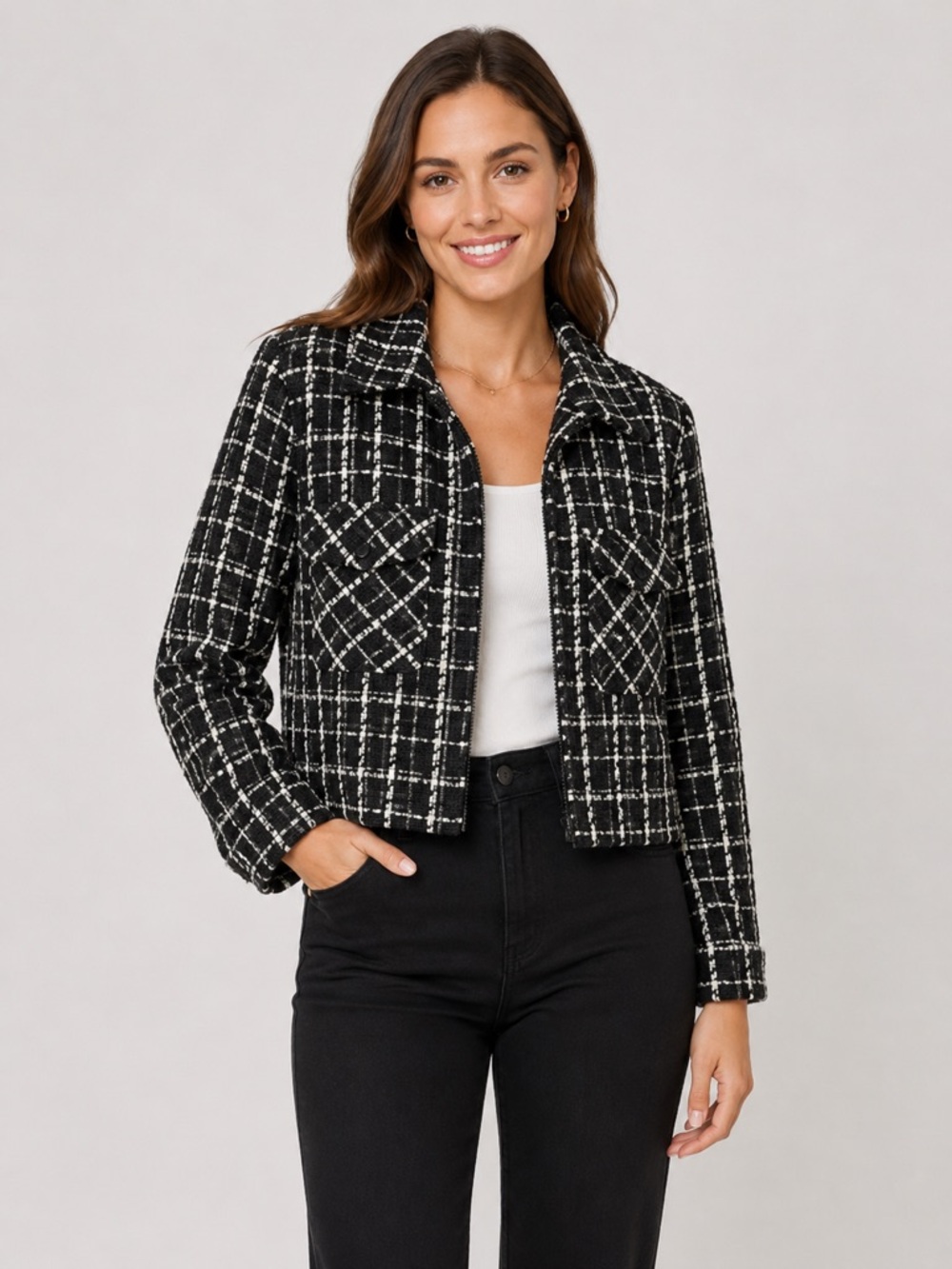 Express black and white checkered tweed plaid women's crop blazer jacket